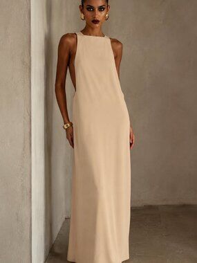 Mango Suit Nude Beige Open Back Maxi Dress Size US 8 Large Minimalist Evening